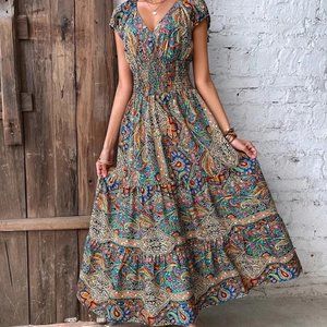 Colorful Paisley Shirred Waist Long Summer Dress